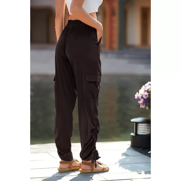 imagePRETTYGARDEN Womens Satin Jogger Pants Casual High Waist Long Lounge Pant Trousers with PocketsZdark Coffee