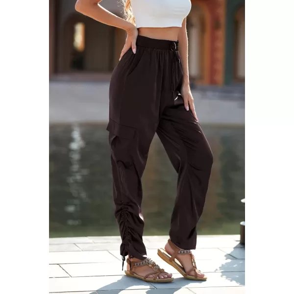 imagePRETTYGARDEN Womens Satin Jogger Pants Casual High Waist Long Lounge Pant Trousers with PocketsZdark Coffee
