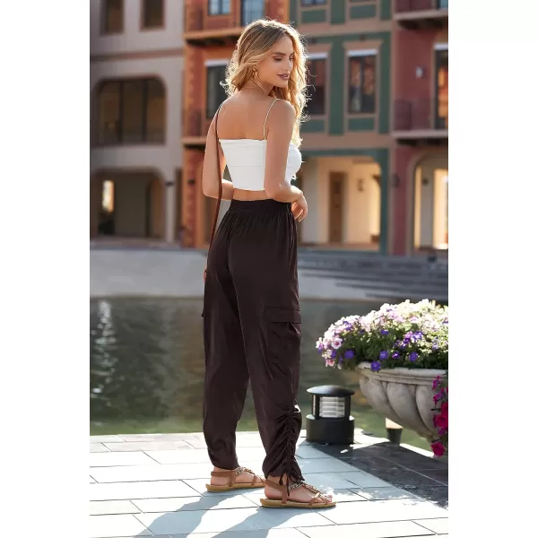 imagePRETTYGARDEN Womens Satin Jogger Pants Casual High Waist Long Lounge Pant Trousers with PocketsZdark Coffee
