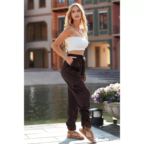imagePRETTYGARDEN Womens Satin Jogger Pants Casual High Waist Long Lounge Pant Trousers with PocketsZdark Coffee