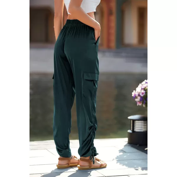 imagePRETTYGARDEN Womens Satin Jogger Pants Casual High Waist Long Lounge Pant Trousers with PocketsZdark Green