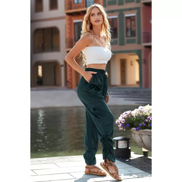 imagePRETTYGARDEN Womens Satin Jogger Pants Casual High Waist Long Lounge Pant Trousers with PocketsZdark Green