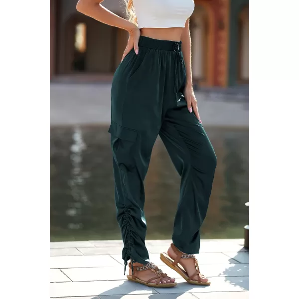 imagePRETTYGARDEN Womens Satin Jogger Pants Casual High Waist Long Lounge Pant Trousers with PocketsZdark Green