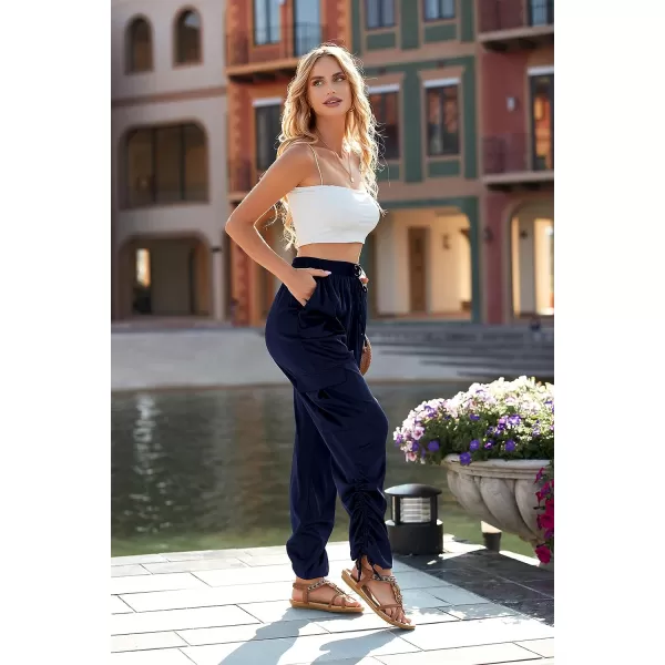 imagePRETTYGARDEN Womens Satin Jogger Pants Casual High Waist Long Lounge Pant Trousers with PocketsZnavy