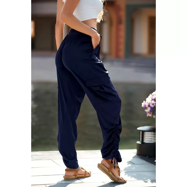 imagePRETTYGARDEN Womens Satin Jogger Pants Casual High Waist Long Lounge Pant Trousers with PocketsZnavy