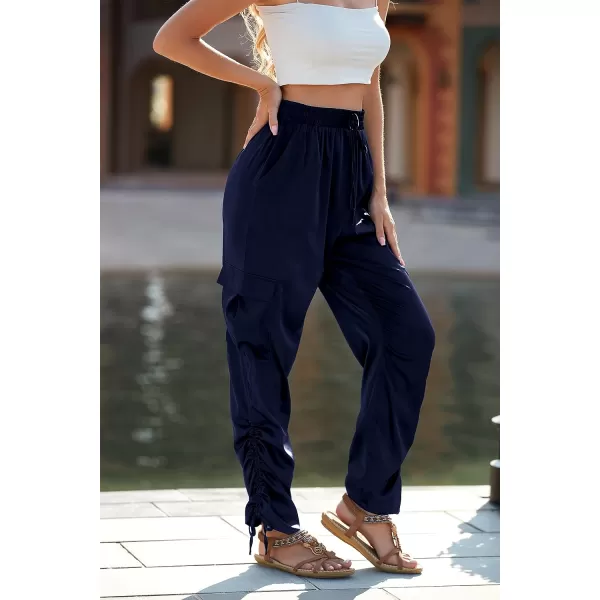 imagePRETTYGARDEN Womens Satin Jogger Pants Casual High Waist Long Lounge Pant Trousers with PocketsZnavy