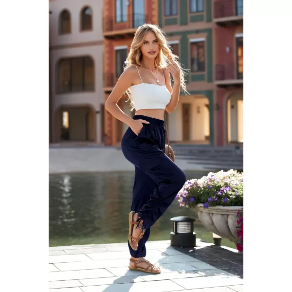 imagePRETTYGARDEN Womens Satin Jogger Pants Casual High Waist Long Lounge Pant Trousers with PocketsZnavy