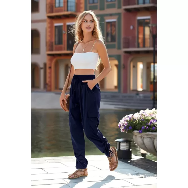 imagePRETTYGARDEN Womens Satin Jogger Pants Casual High Waist Long Lounge Pant Trousers with PocketsZnavy