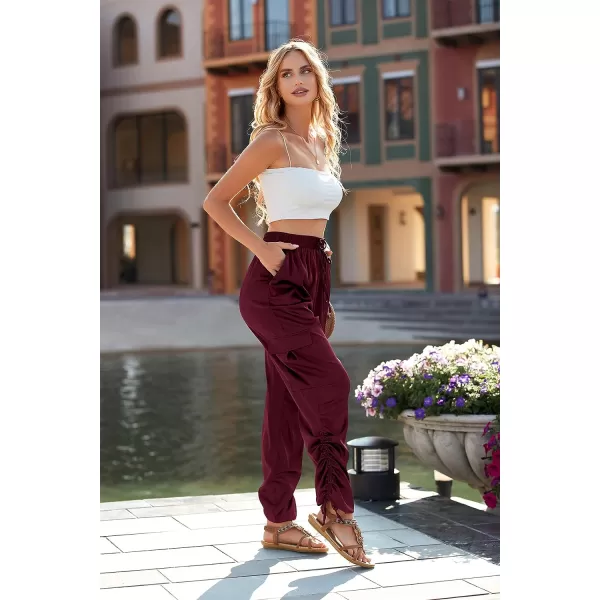 imagePRETTYGARDEN Womens Satin Jogger Pants Casual High Waist Long Lounge Pant Trousers with PocketsZwine Red