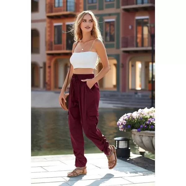 imagePRETTYGARDEN Womens Satin Jogger Pants Casual High Waist Long Lounge Pant Trousers with PocketsZwine Red