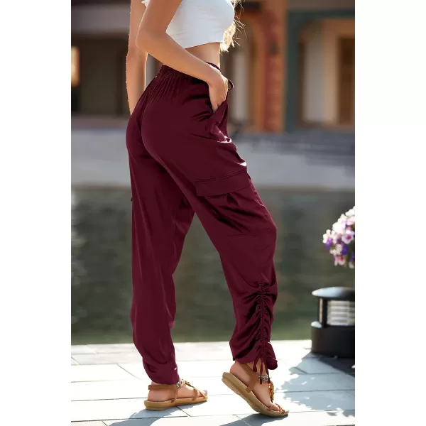 imagePRETTYGARDEN Womens Satin Jogger Pants Casual High Waist Long Lounge Pant Trousers with PocketsZwine Red
