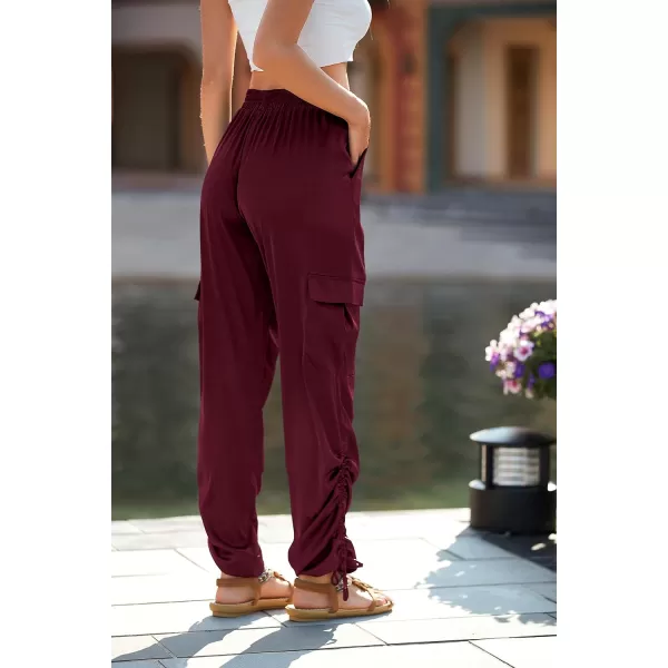 imagePRETTYGARDEN Womens Satin Jogger Pants Casual High Waist Long Lounge Pant Trousers with PocketsZwine Red