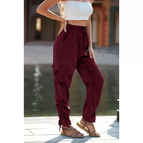 imagePRETTYGARDEN Womens Satin Jogger Pants Casual High Waist Long Lounge Pant Trousers with PocketsZwine Red