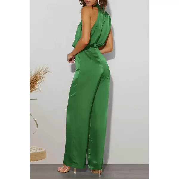 imagePRETTYGARDEN Womens Satin Jumpsuits 2023 Summer One Piece Outfits Mock Neck Sleeveless Wide Leg Pants RompersArmy Green