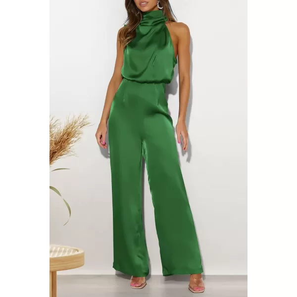 imagePRETTYGARDEN Womens Satin Jumpsuits 2023 Summer One Piece Outfits Mock Neck Sleeveless Wide Leg Pants RompersArmy Green
