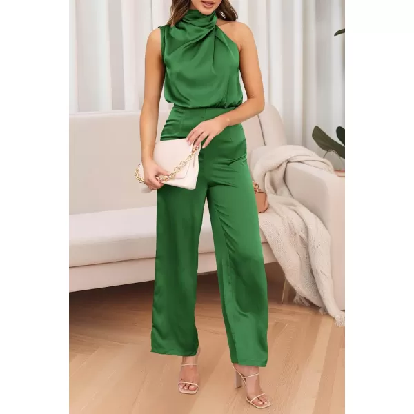 imagePRETTYGARDEN Womens Satin Jumpsuits 2023 Summer One Piece Outfits Mock Neck Sleeveless Wide Leg Pants RompersArmy Green