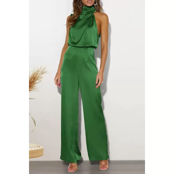imagePRETTYGARDEN Womens Satin Jumpsuits 2023 Summer One Piece Outfits Mock Neck Sleeveless Wide Leg Pants RompersArmy Green