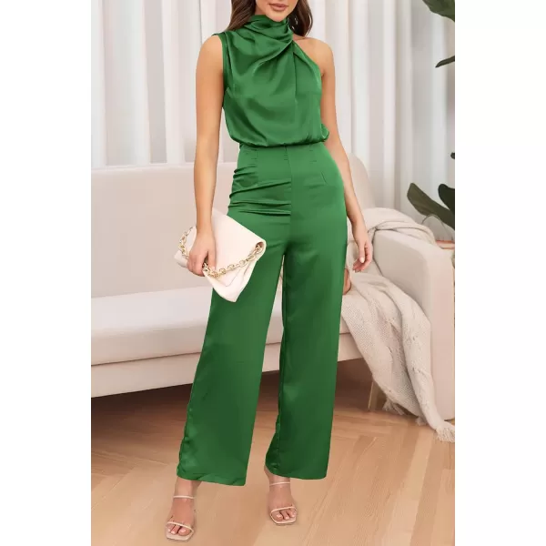 imagePRETTYGARDEN Womens Satin Jumpsuits 2023 Summer One Piece Outfits Mock Neck Sleeveless Wide Leg Pants RompersArmy Green