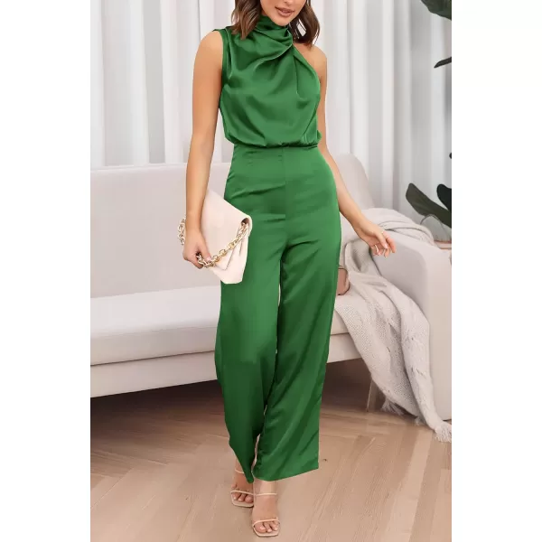 imagePRETTYGARDEN Womens Satin Jumpsuits 2023 Summer One Piece Outfits Mock Neck Sleeveless Wide Leg Pants RompersArmy Green