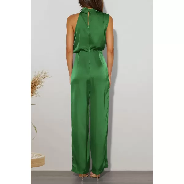 imagePRETTYGARDEN Womens Satin Jumpsuits 2023 Summer One Piece Outfits Mock Neck Sleeveless Wide Leg Pants RompersArmy Green