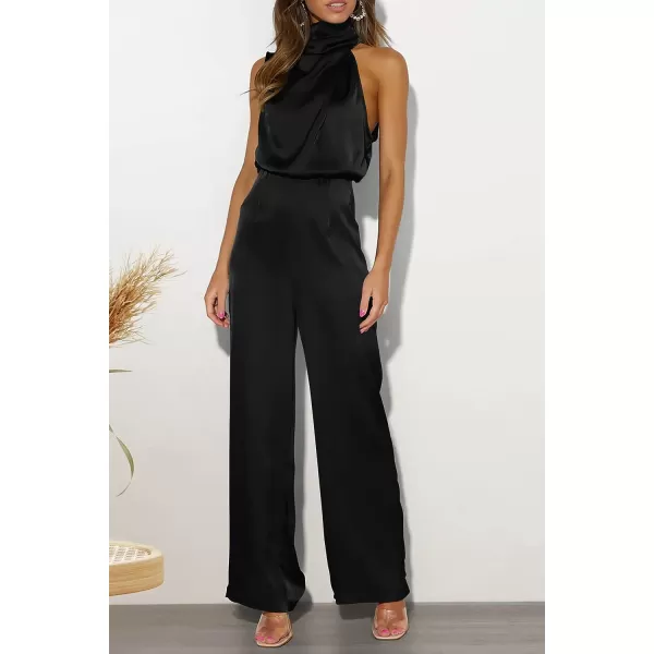 imagePRETTYGARDEN Womens Satin Jumpsuits 2023 Summer One Piece Outfits Mock Neck Sleeveless Wide Leg Pants RompersBlack