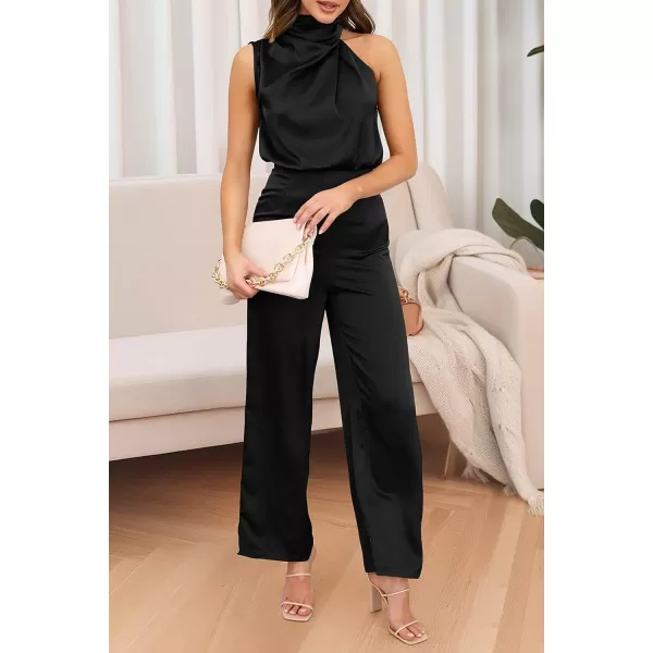 imagePRETTYGARDEN Womens Satin Jumpsuits 2023 Summer One Piece Outfits Mock Neck Sleeveless Wide Leg Pants RompersBlack