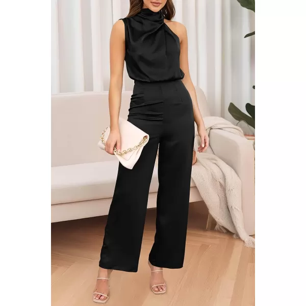 imagePRETTYGARDEN Womens Satin Jumpsuits 2023 Summer One Piece Outfits Mock Neck Sleeveless Wide Leg Pants RompersBlack