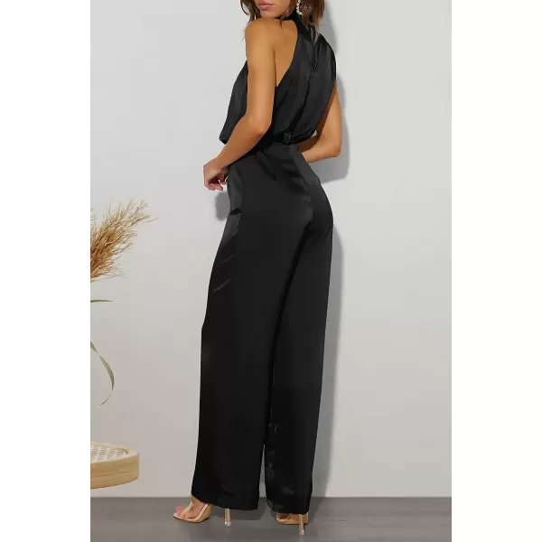 imagePRETTYGARDEN Womens Satin Jumpsuits 2023 Summer One Piece Outfits Mock Neck Sleeveless Wide Leg Pants RompersBlack