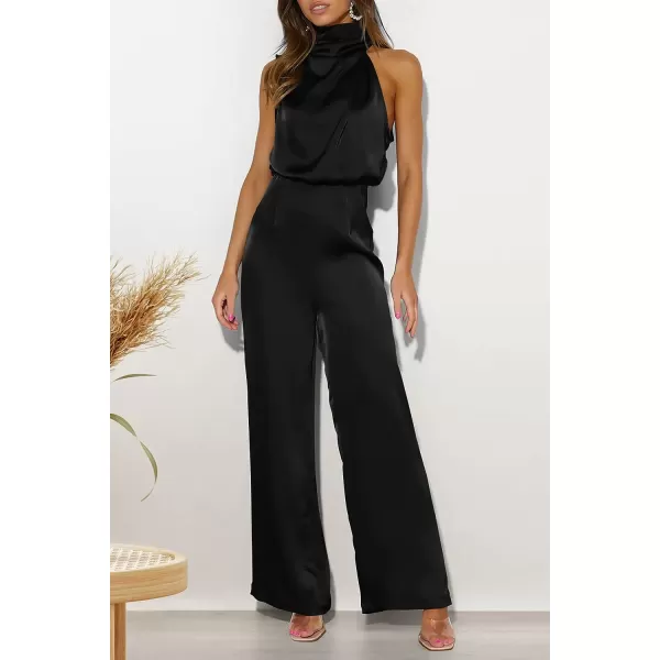 imagePRETTYGARDEN Womens Satin Jumpsuits 2023 Summer One Piece Outfits Mock Neck Sleeveless Wide Leg Pants RompersBlack