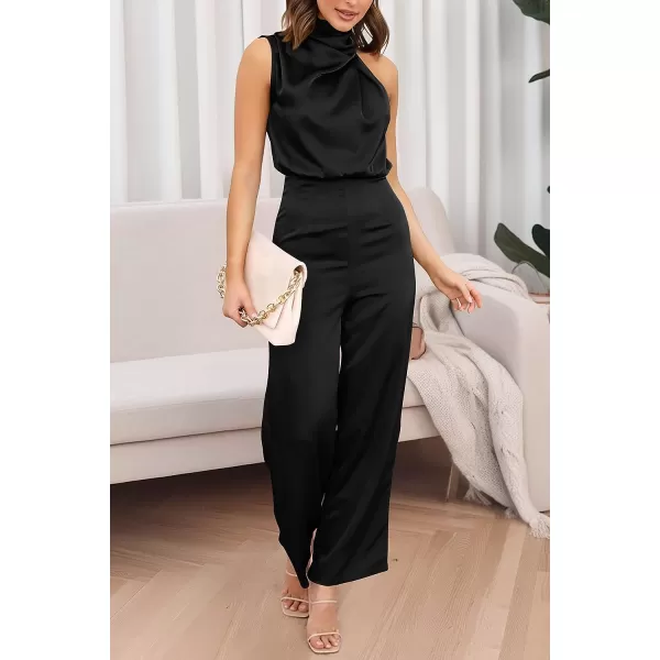 imagePRETTYGARDEN Womens Satin Jumpsuits 2023 Summer One Piece Outfits Mock Neck Sleeveless Wide Leg Pants RompersBlack
