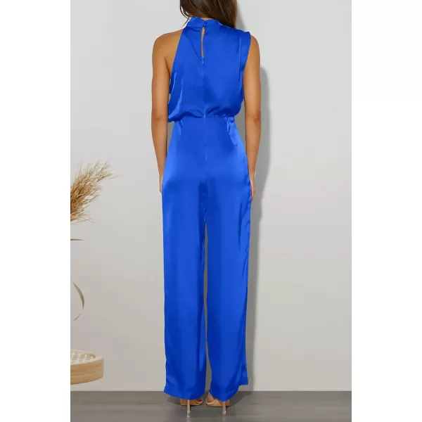 imagePRETTYGARDEN Womens Satin Jumpsuits 2023 Summer One Piece Outfits Mock Neck Sleeveless Wide Leg Pants RompersBright Blue