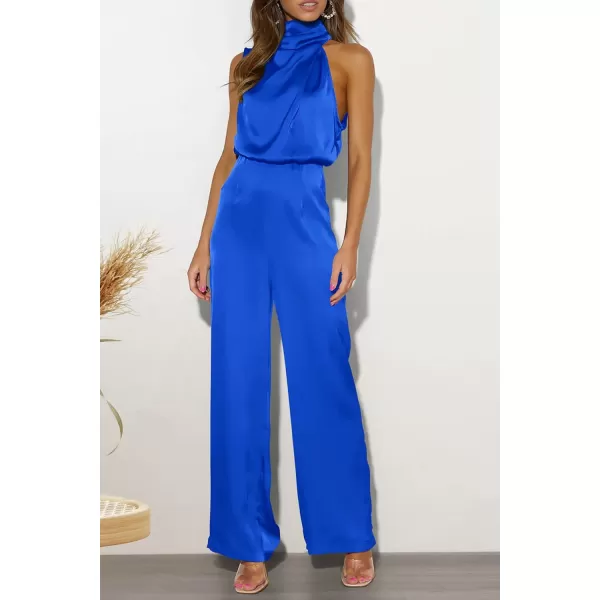 imagePRETTYGARDEN Womens Satin Jumpsuits 2023 Summer One Piece Outfits Mock Neck Sleeveless Wide Leg Pants RompersBright Blue