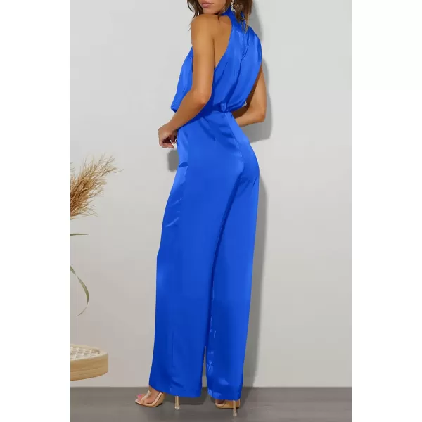 imagePRETTYGARDEN Womens Satin Jumpsuits 2023 Summer One Piece Outfits Mock Neck Sleeveless Wide Leg Pants RompersBright Blue