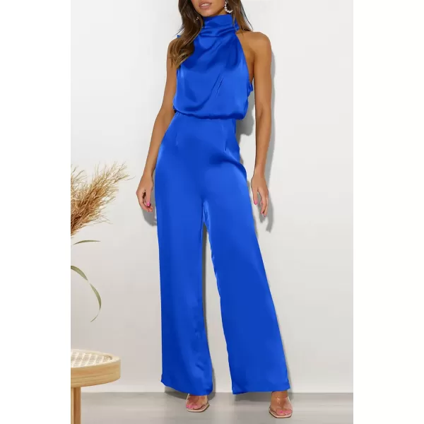 imagePRETTYGARDEN Womens Satin Jumpsuits 2023 Summer One Piece Outfits Mock Neck Sleeveless Wide Leg Pants RompersBright Blue