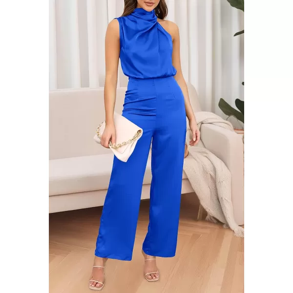 imagePRETTYGARDEN Womens Satin Jumpsuits 2023 Summer One Piece Outfits Mock Neck Sleeveless Wide Leg Pants RompersBright Blue