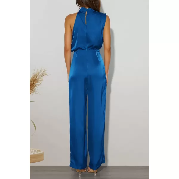 imagePRETTYGARDEN Womens Satin Jumpsuits 2023 Summer One Piece Outfits Mock Neck Sleeveless Wide Leg Pants RompersDark Blue