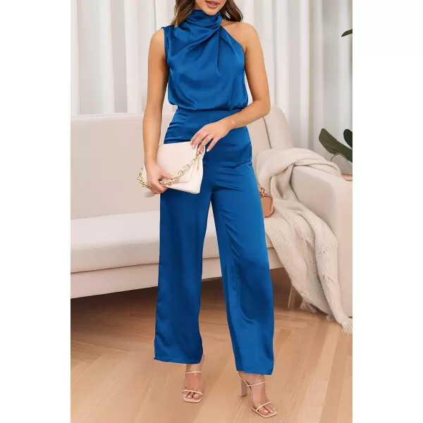 imagePRETTYGARDEN Womens Satin Jumpsuits 2023 Summer One Piece Outfits Mock Neck Sleeveless Wide Leg Pants RompersDark Blue