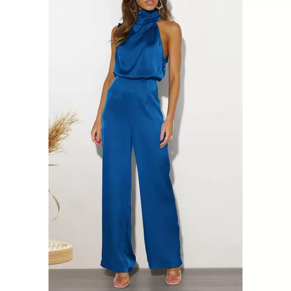 imagePRETTYGARDEN Womens Satin Jumpsuits 2023 Summer One Piece Outfits Mock Neck Sleeveless Wide Leg Pants RompersDark Blue