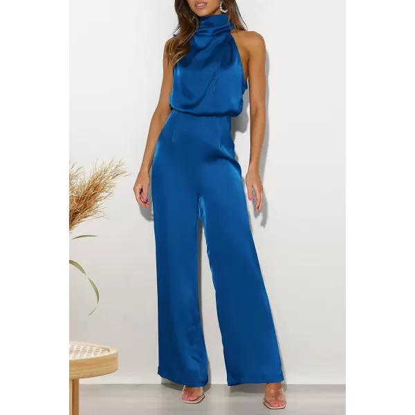 imagePRETTYGARDEN Womens Satin Jumpsuits 2023 Summer One Piece Outfits Mock Neck Sleeveless Wide Leg Pants RompersDark Blue