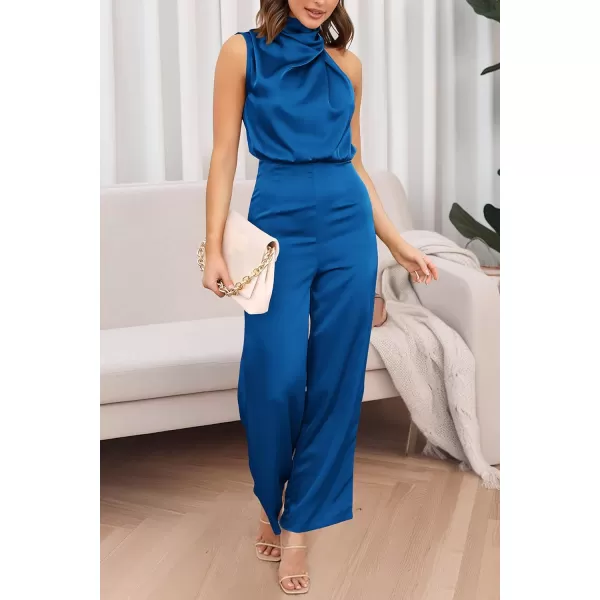 imagePRETTYGARDEN Womens Satin Jumpsuits 2023 Summer One Piece Outfits Mock Neck Sleeveless Wide Leg Pants RompersDark Blue