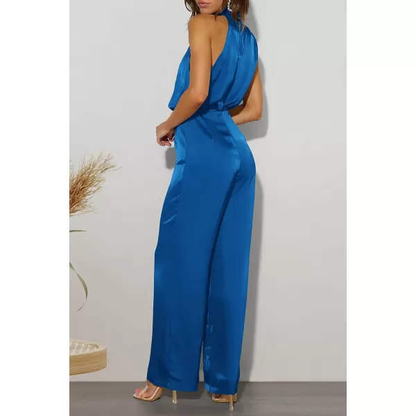 imagePRETTYGARDEN Womens Satin Jumpsuits 2023 Summer One Piece Outfits Mock Neck Sleeveless Wide Leg Pants RompersDark Blue