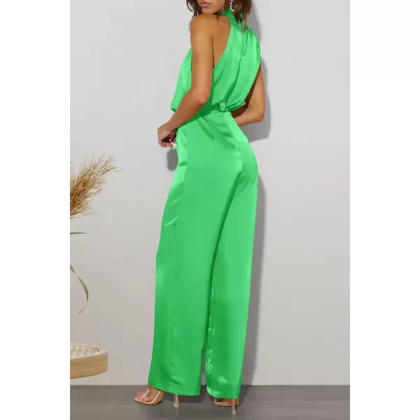 imagePRETTYGARDEN Womens Satin Jumpsuits 2023 Summer One Piece Outfits Mock Neck Sleeveless Wide Leg Pants RompersGrass Green
