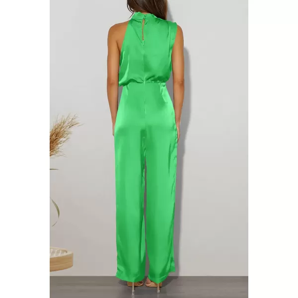 imagePRETTYGARDEN Womens Satin Jumpsuits 2023 Summer One Piece Outfits Mock Neck Sleeveless Wide Leg Pants RompersGrass Green