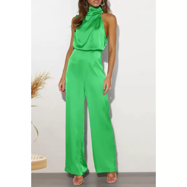 imagePRETTYGARDEN Womens Satin Jumpsuits 2023 Summer One Piece Outfits Mock Neck Sleeveless Wide Leg Pants RompersGrass Green