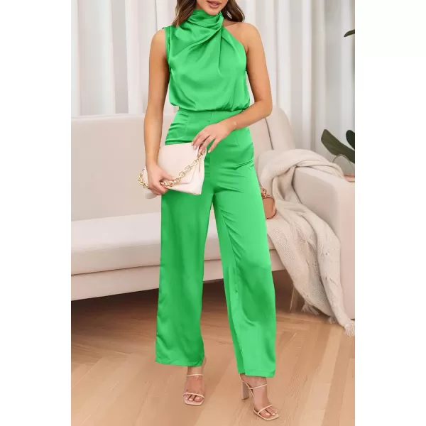 imagePRETTYGARDEN Womens Satin Jumpsuits 2023 Summer One Piece Outfits Mock Neck Sleeveless Wide Leg Pants RompersGrass Green