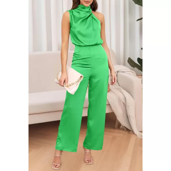 imagePRETTYGARDEN Womens Satin Jumpsuits 2023 Summer One Piece Outfits Mock Neck Sleeveless Wide Leg Pants RompersGrass Green