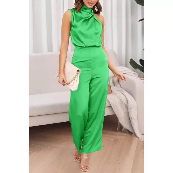 imagePRETTYGARDEN Womens Satin Jumpsuits 2023 Summer One Piece Outfits Mock Neck Sleeveless Wide Leg Pants RompersGrass Green