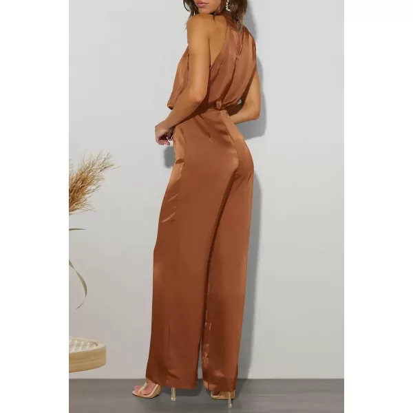 imagePRETTYGARDEN Womens Satin Jumpsuits 2023 Summer One Piece Outfits Mock Neck Sleeveless Wide Leg Pants RompersKhaki