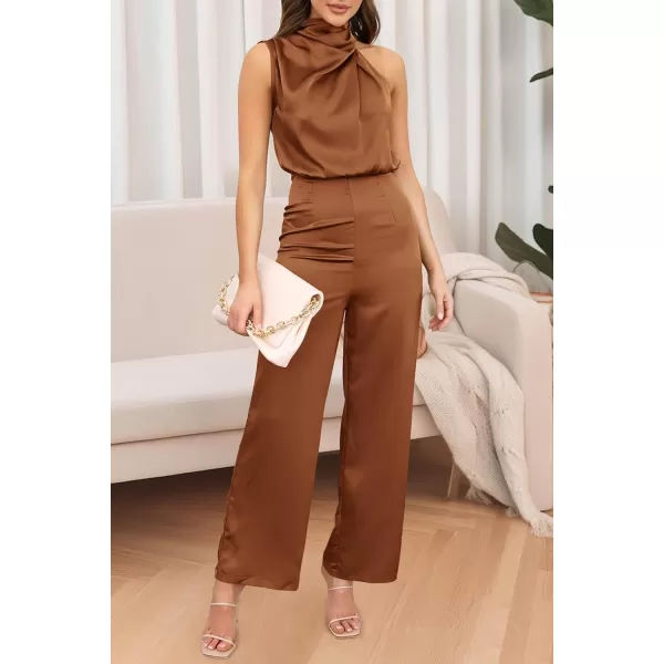 imagePRETTYGARDEN Womens Satin Jumpsuits 2023 Summer One Piece Outfits Mock Neck Sleeveless Wide Leg Pants RompersKhaki