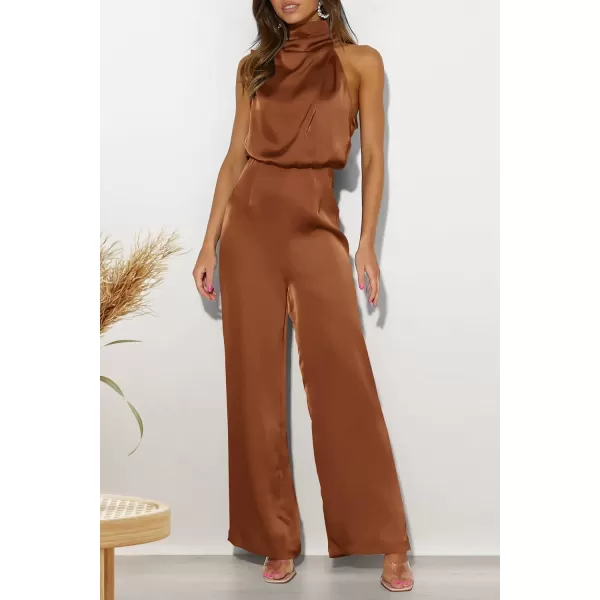 imagePRETTYGARDEN Womens Satin Jumpsuits 2023 Summer One Piece Outfits Mock Neck Sleeveless Wide Leg Pants RompersKhaki
